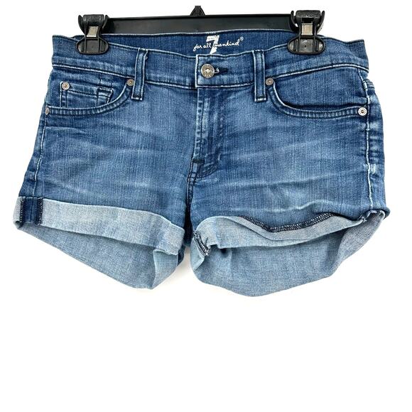 7 For All Mankind Size 28 Denim Blue Jean Shorts‎ Cutoff Rolled Hem Five Pocket - Picture 1 of 4